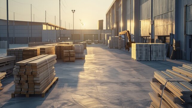 A spacious industrial lumberyard with stacks of wooden planks and beams at sunrise, highlighting the logistics and construction material storage.