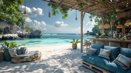 An outdoor beach bar with a wooden structure, blue sofas and white sand, tropical plants on the floor and a view to a beautiful sea and rocks. Generative AI.