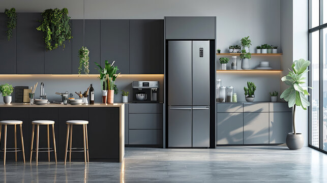 The refrigerator, with gray color. The cabinet door has silver accents on its front panel, which reflects modernity in design. simple and elegant kitchen with a dining table nearby. Generative AI.
