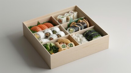 Assorted sushi in a wooden box featuring nigiri, rolls, and sashimi, perfect for a gourmet lunch or dinner experience.