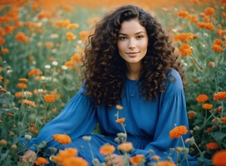Naklejka premium Girl in a dress sits in a meadow among flowers