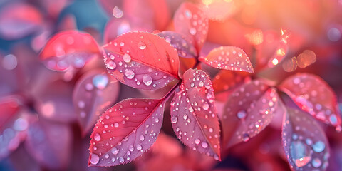 Fototapeta premium Vibrant red leaves adorned with sparkling water droplets.