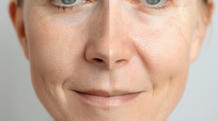 Fototapeta premium Close-up comparison of a woman's face showing the contrast between youthful and aged skin. Skincare and aging concept.