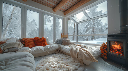 In winter, the snowy scenery is flying profusely.the living room is equipped with a large skylight, the bed is in the center of the room, and snow is covering outside. Generative AI.