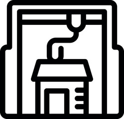 Line icon of a 3d printer creating a small house model, representing innovative construction technologies