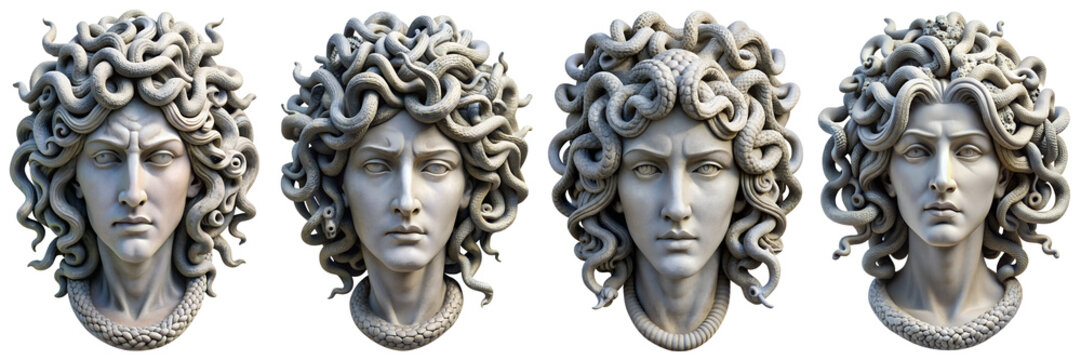 Plaster gray head medusa gorgo snake of hair on transparent background PNG file