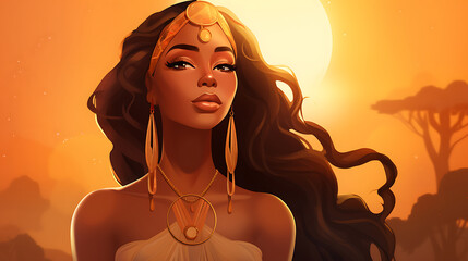 Alluring portrait of a Nubian queen with golden headpiece and jewelry, conveying elegance and power in the golden hour