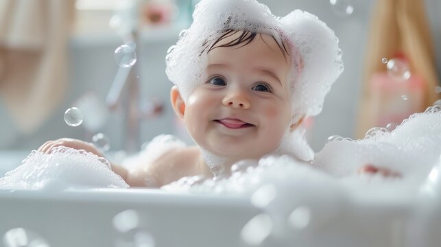 A baby enjoys a bubbly bath, splashing happily with soft toys in a small, cute bathtub.