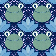 Obraz premium Summer animals seamless frogs and swimming ring pattern for wrapping paper