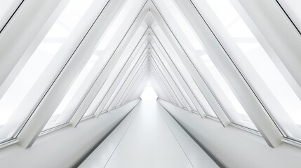 Obraz premium Empty Long Light Corridor with Futuristic Sci-Fi Triangle Tunnel, Modern White Background, 3D Rendering