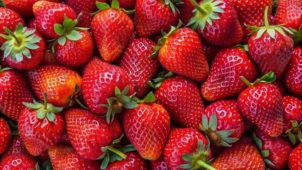 fresh picked strawberries panorama, close up of fruits from above, ripe strawberry top view full frame panoramic