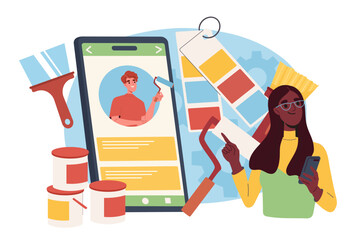 Consultation with painter master. Woman with roller and paint cans next to smartphone. Repair and renovation. Tips and advices, tutorial. Flat vector illustration isolated on white background