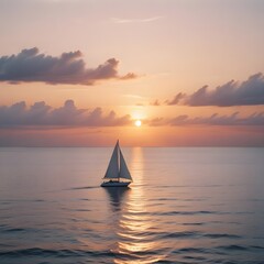 A serene sunset over a calm ocean with a sailboat on the horizon
