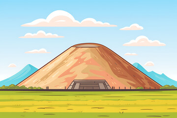 A large, tan volcano dominates a grassy plain.
