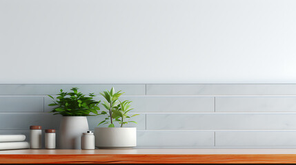 Simple, minimalist kitchen counter with plants and white pots.
