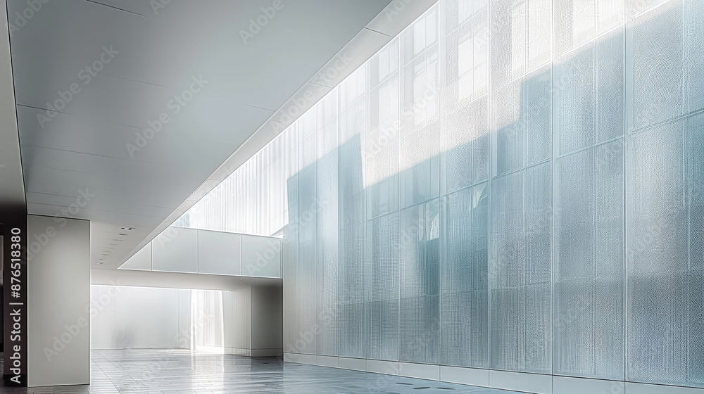 Fototapete a white building with vertical metal mesh on the wall, in a minimalist style with large space. in fr
