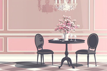 Elegant pink dinning room with black chairs and a vase of cherry blossoms on the table
