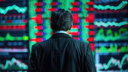 Obraz premium Intense Stock Trader Analyzing Trends on Large Screen in Formal Suit with Copy Space, Financial Market Concept