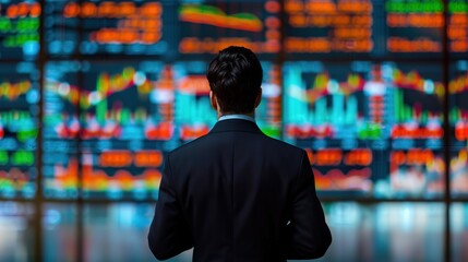 Fototapeta premium Intense Stock Trader Analyzing Trends on Big Screen in Formal Suit on Colorful Background with Copy Space