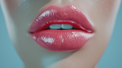 Close-up shot of glossy, pink lips against a blue background. Perfect for beauty, makeup, and cosmetic themes.
