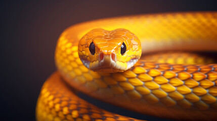 Fototapeta premium Closeup of a bright yellow snake with black eyes staring at the camera with a dark background
