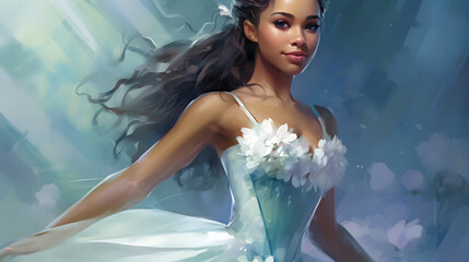 Graceful ballerina in a white tutu with flower details, light blue background, soft painterly style, conveys elegance and beauty.