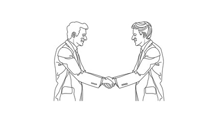 two business men shaking hands in a simple line drawing vector on a white background.