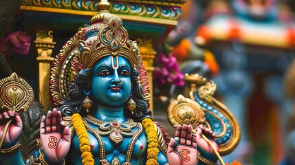 Fototapeta premium Close-Up View of the Hindu God Vishnu in a Vibrant Temple