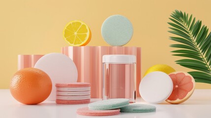 Fototapeta premium Colorful skincare products set with citrus fruits and palm leaf, arranged aesthetically against a pastel background.
