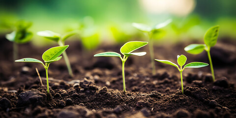 Fototapeta premium Tiny green plants growing strong and healthy in the dirt towards the light