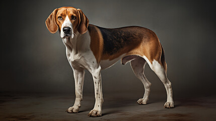 A tricolor beagle dog with a focused expression, standing alertly against a dark background
