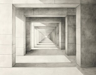 Fototapeta premium Create a perspective view of a large space with a corner on the right side, viewed directly from the right into the space