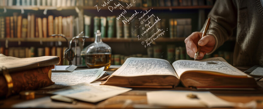 Physics equations floating on a notebook. Extremely intelligent student studying in a library