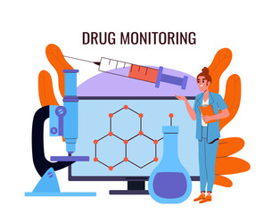 Drug addiction treatment concept. Drug monitoring. Girl in medical uniform with syringe. Health care and medicine. Rehabilitation and therapy. Flat vector illustration isolated on white background