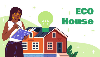 ECO house poster. Woman with book near environmentally friendly building. Eco activist and volunteer. Reducing release of harmful waste into atmosphere. Flat vector illustration