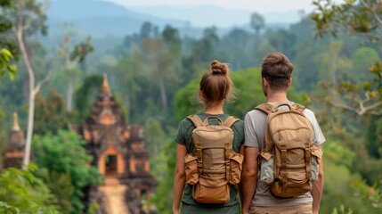 Obraz premium Adventure Couple Discovering Ancient Temple Ruins in Lush Jungle Setting A Journey Through Time and History