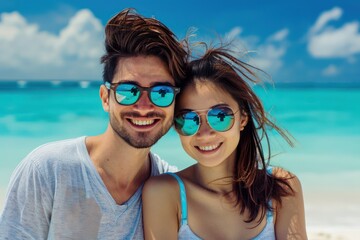 Romantic Beach Getaway Couple Enjoying Sun, Sand, and Sea Tropical Vacation Honeymoon Destination Summer Love Beach Couple Happy Couple Relaxing Beach Day Ocean View Paradise Island Beach Holiday