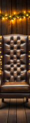 Naklejka premium A brown leather armchair, warm yellow lights, and a wooden background create a cozy and inviting atmosphere perfect for a winter holiday. 