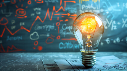 A light bulb with complex mathematical equations and graphs in the background, symbolizing innovative ideas for financial analysis. 