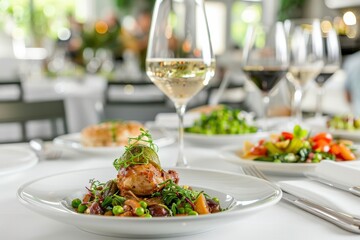 Elegant dining setup with gourmet dishes and wine glasses in a bright, modern restaurant setting.