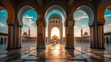 Fototapeta premium Majestic Arabic architecture features intricate arches, grand domes, and detailed geometric patterns.