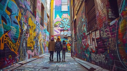 Fototapeta premium Exploring the Graffiti Wonderland: Urban Adventurers Discovering Street Art Gems in Alleyway