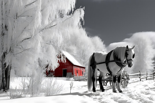 A white horse pulling a wagon in front of a red barn in a winter wonderland, with white trees and a snowy landscape, evoking a sense of tranquility and nostalgia. 
