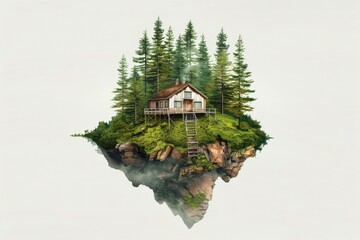 Floating island with a cozy house surrounded by lush pine trees, depicting a serene and magical nature retreat in an ethereal setting.