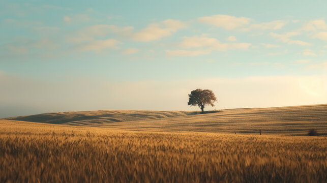 tranquil golden wheat field with a lone tree under a clear sky, symbol of solitude and nature