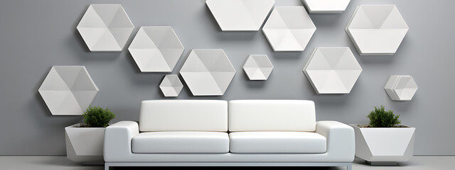  White sofa in front of gray wall with 3D hexagonal tiles and two plants in pots on each side
