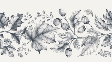 Hand drawn seamless design with vertical floral elements acorns oak leaves and space for text