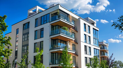  A modern apartment building with large windows and balconies, surrounded by trees and greenery, with a blue sky and white clouds in the background, representing urban living, comfort, and luxury.