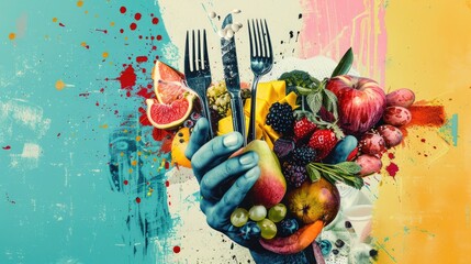 Art collage depicting hand holding cutlery with food fruit plate diet and creativity theme Online promotion with ad space