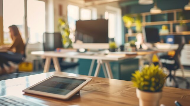 Embracing Hybrid Work: Person Joining Tablet Meeting in Modern Office with Colleagues Working in Background